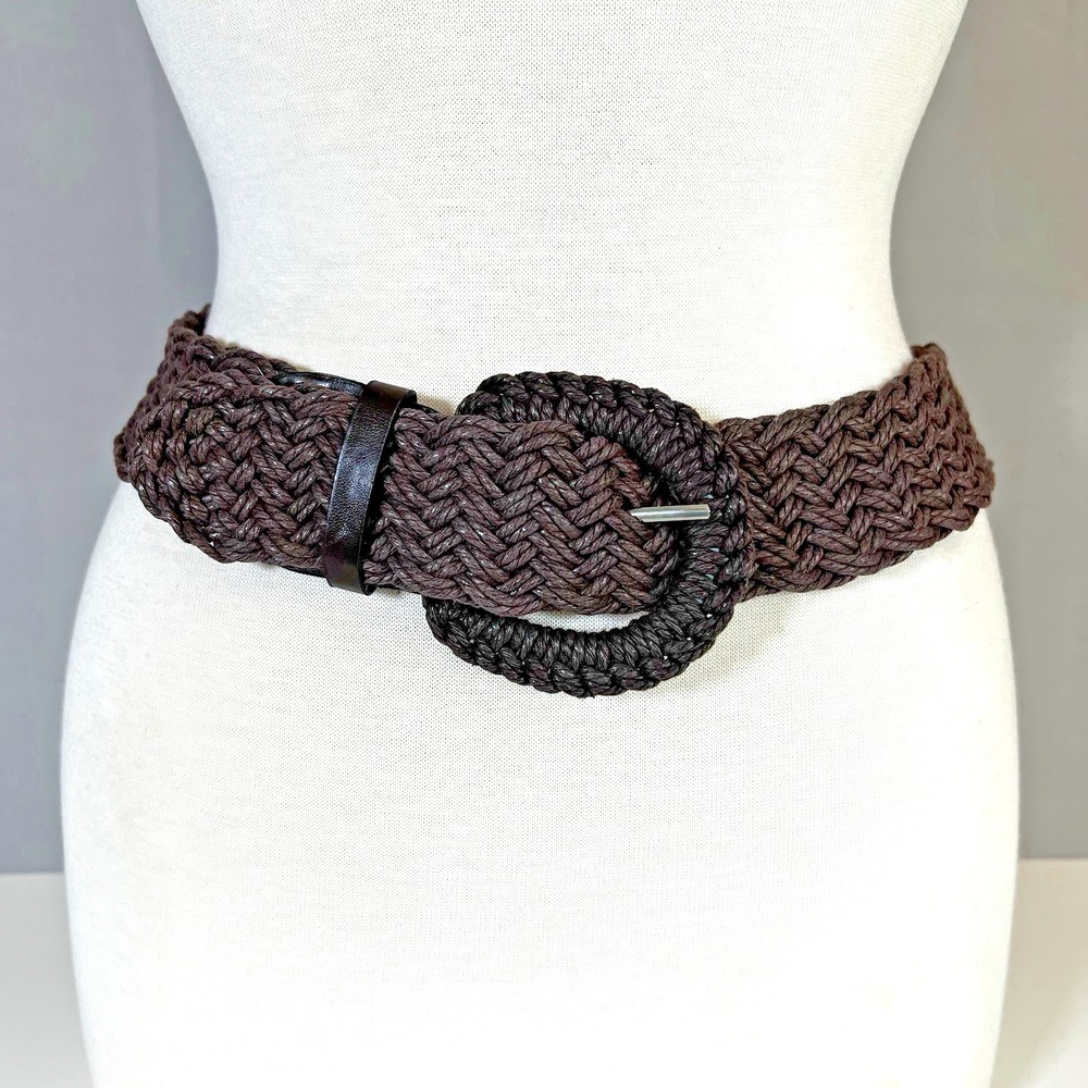 Women's Wide Brown Braided Belt Woven Waxed Hemp Cord Leather Accent  S / M